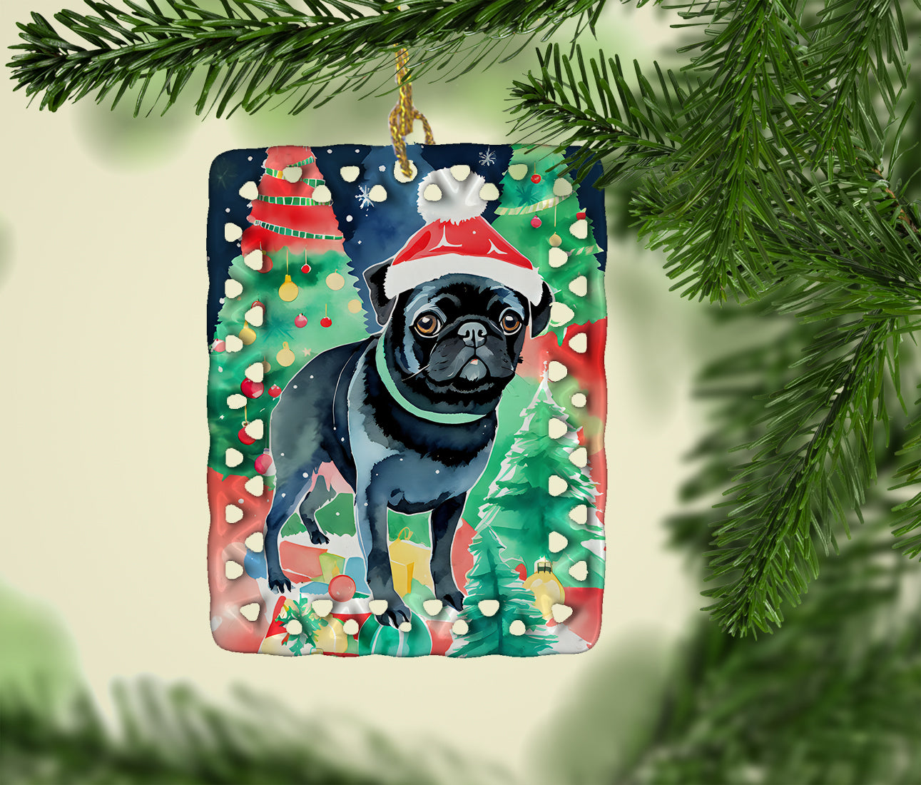 Pug Christmas Porcelain Ornament