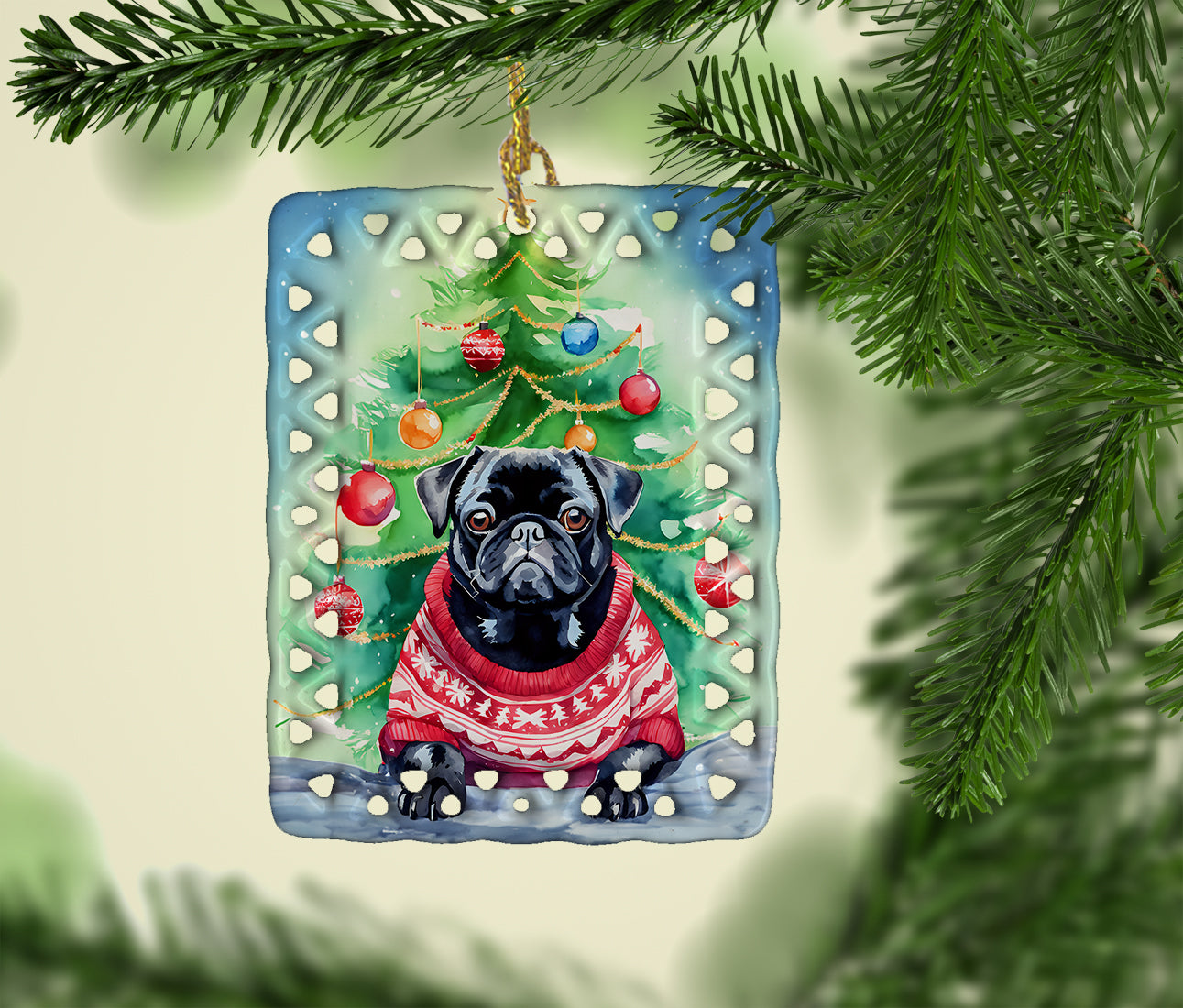 Pug Christmas Porcelain Ornament