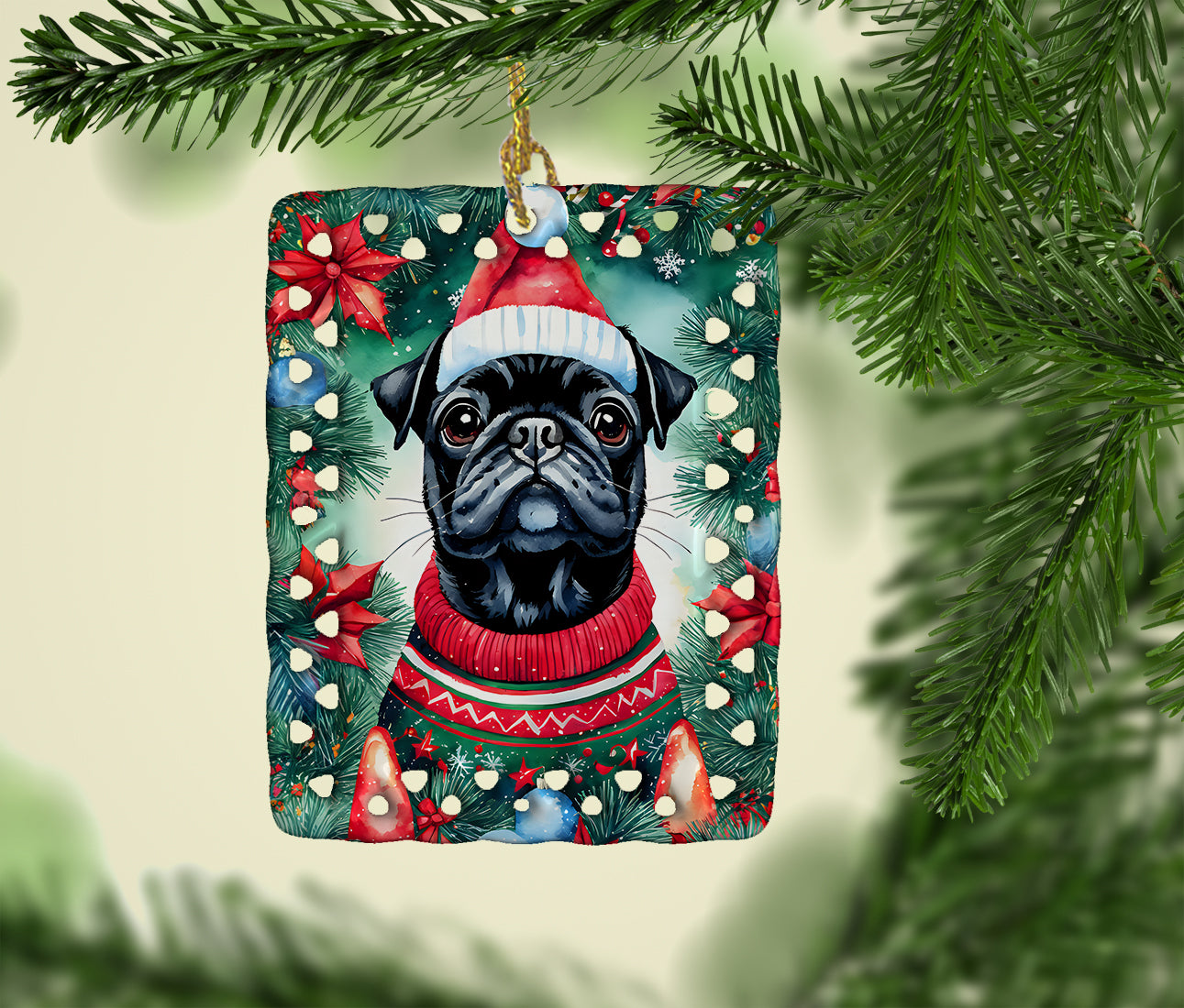 Pug Christmas Porcelain Ornament