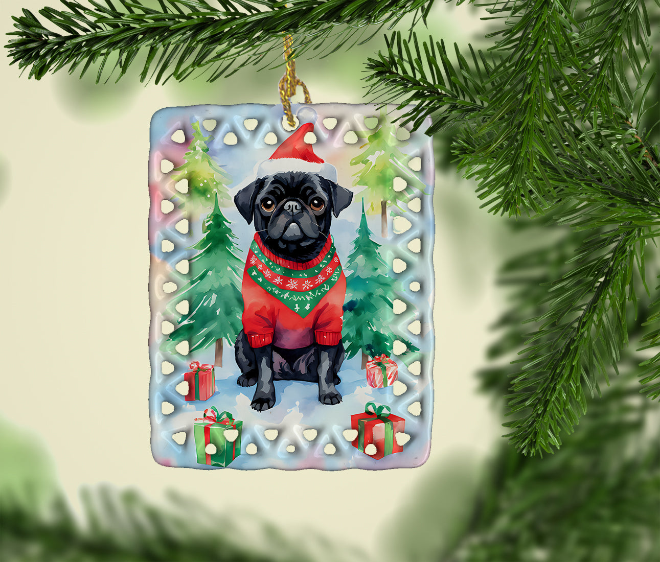Pug Christmas Porcelain Ornament