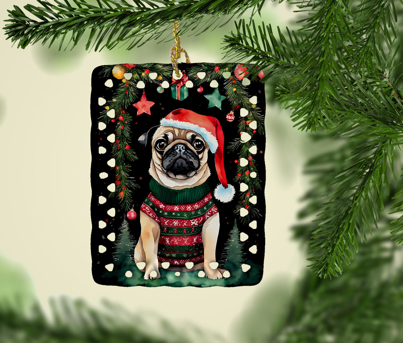 Pug Christmas Porcelain Ornament