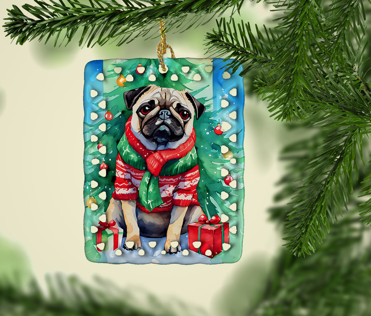 Pug Christmas Porcelain Ornament