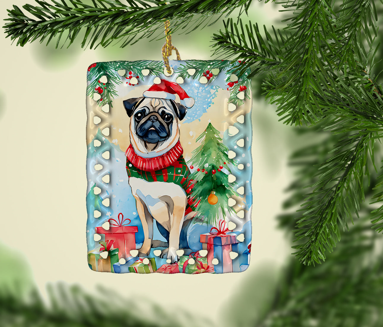 Pug Christmas Porcelain Ornament