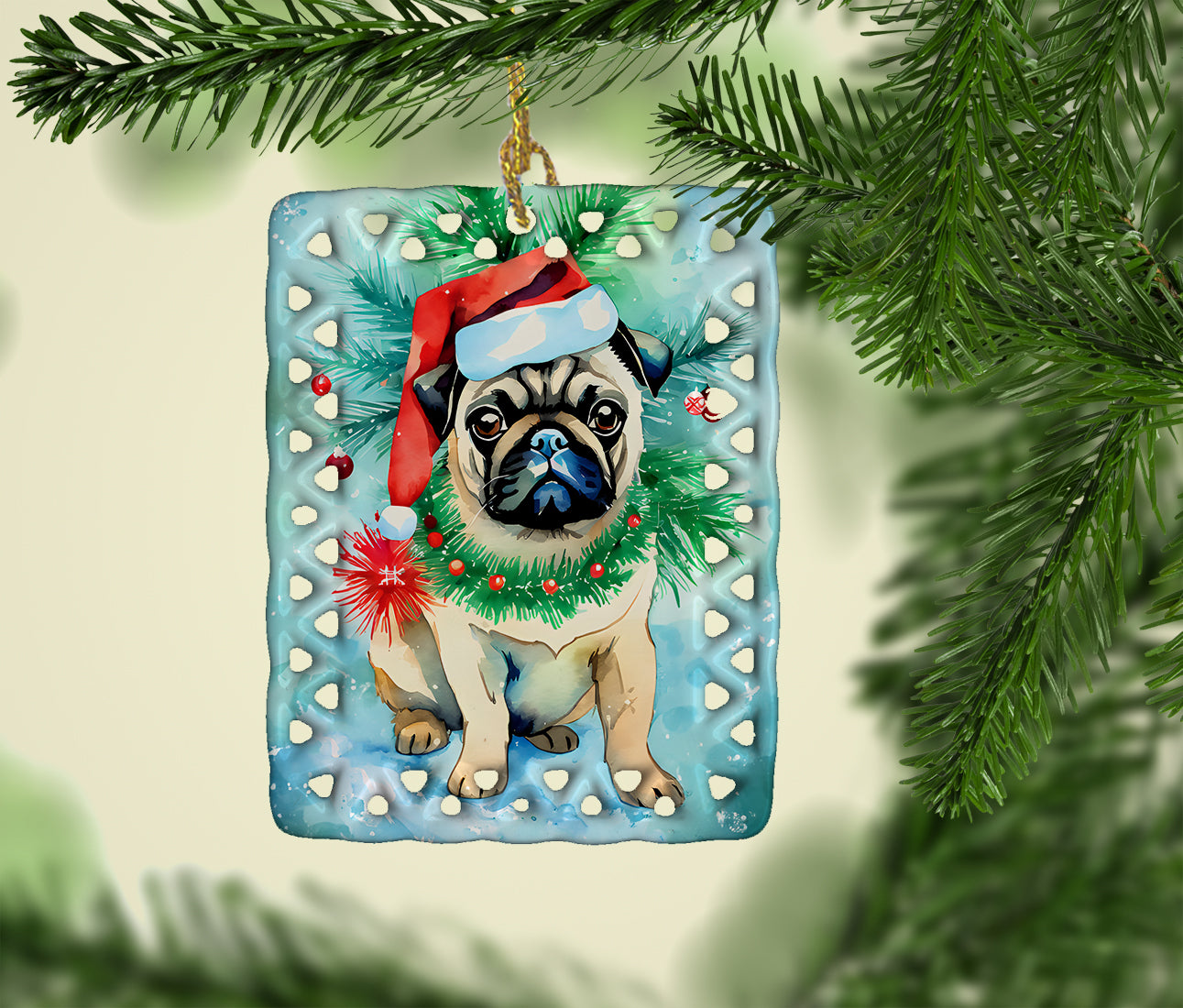 Pug Christmas Porcelain Ornament