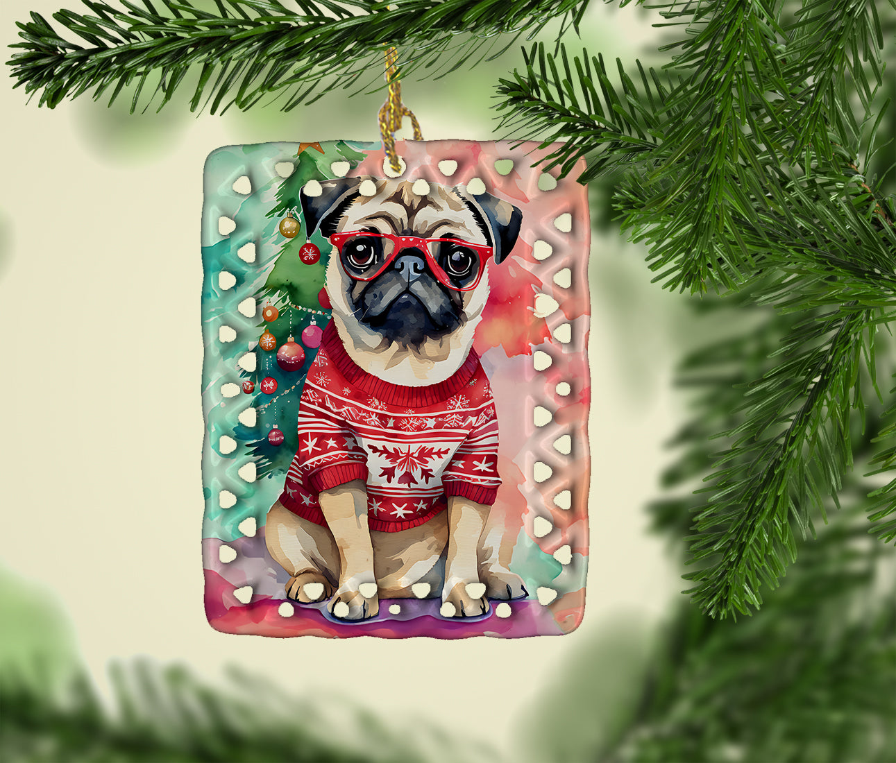 Pug Christmas Porcelain Ornament