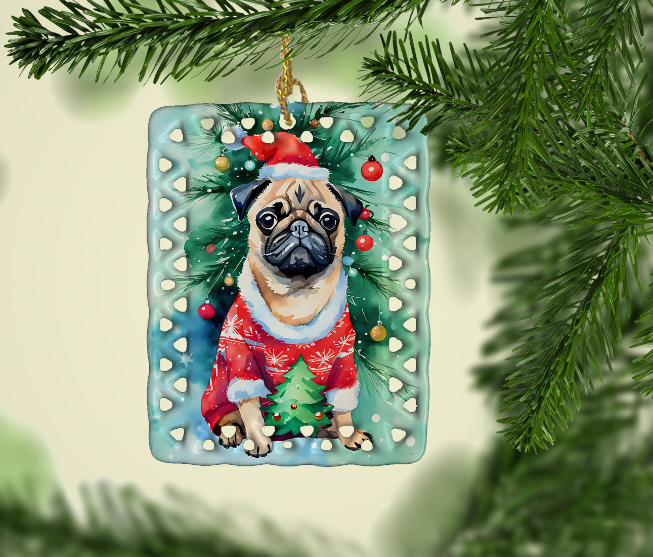 Pug Christmas Porcelain Ornament