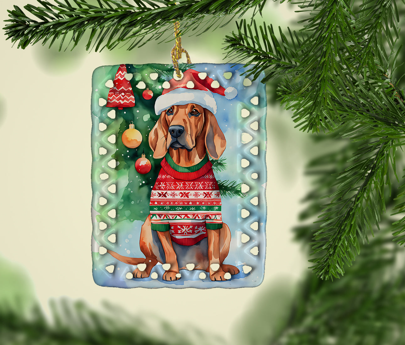 Redbone Coonhound Christmas Porcelain Ornament