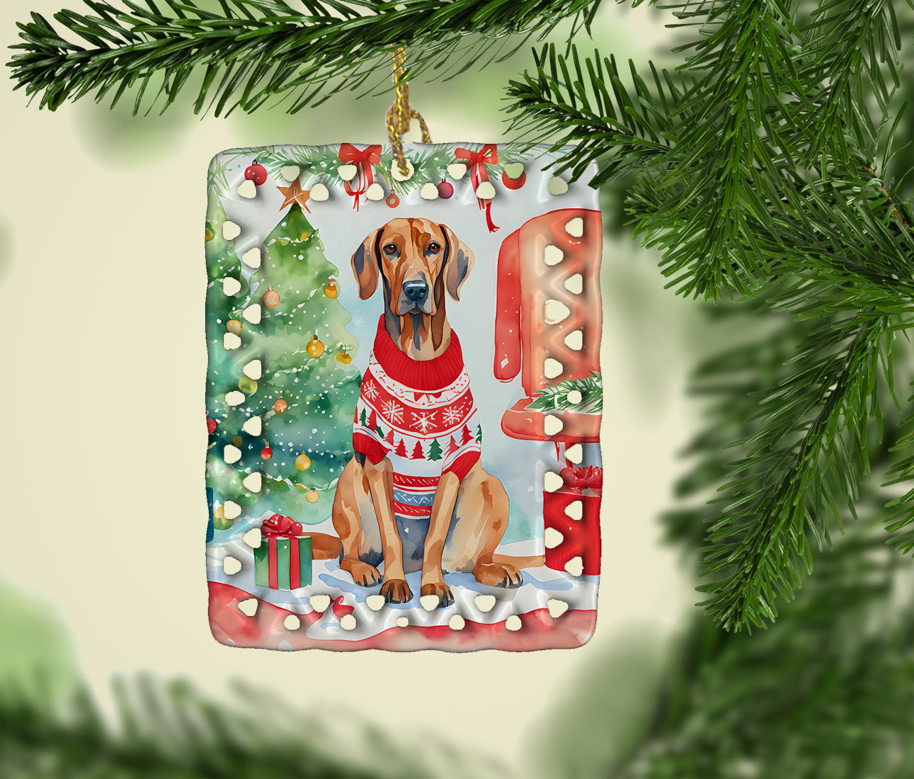 Redbone Coonhound Christmas Porcelain Ornament