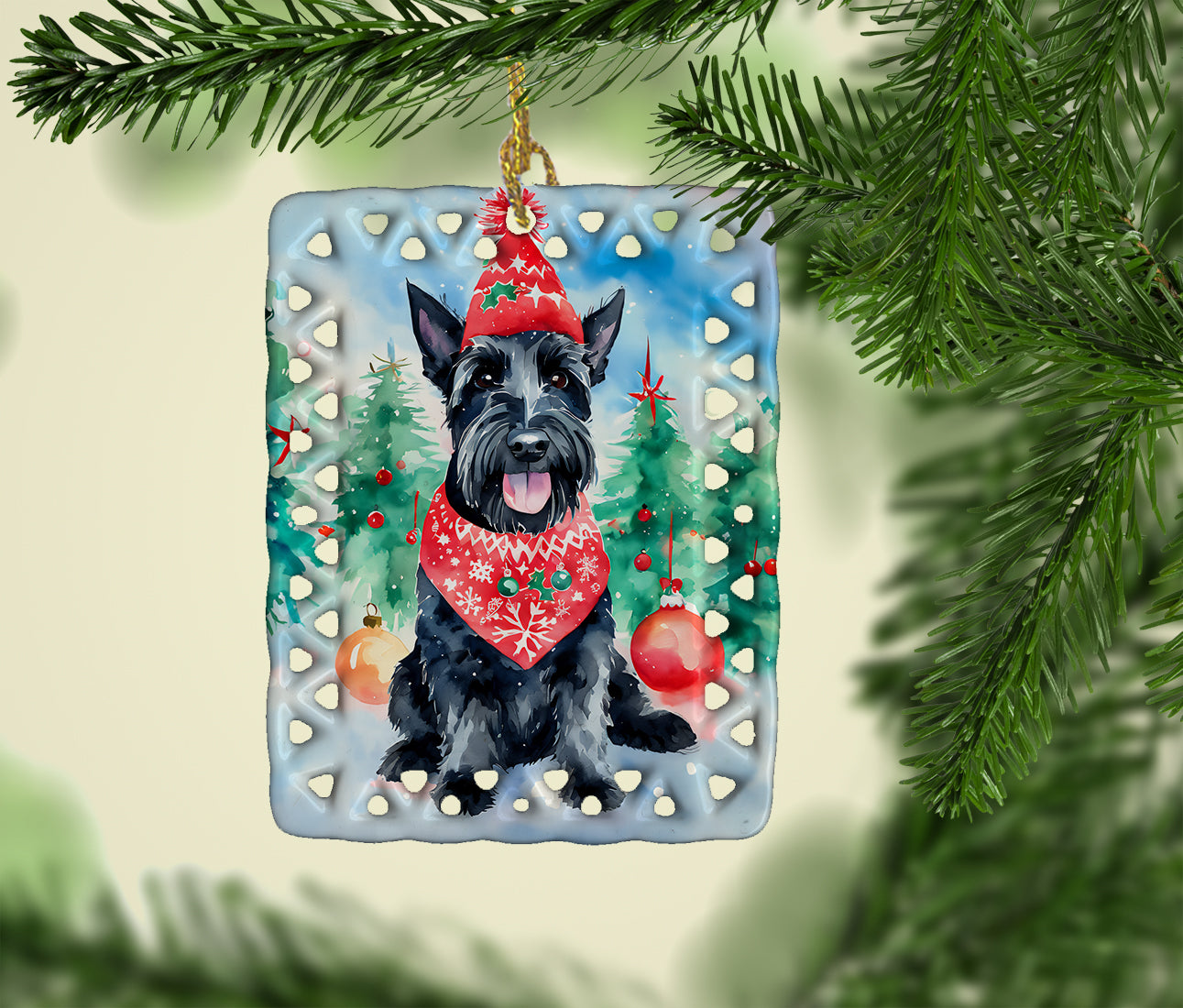 Scottish Terrier Christmas Porcelain Ornament