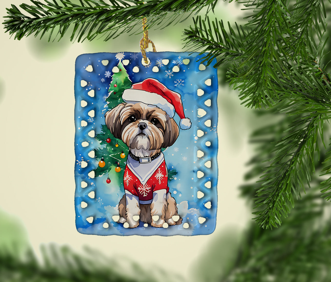 Shih Tzu Christmas Porcelain Ornament