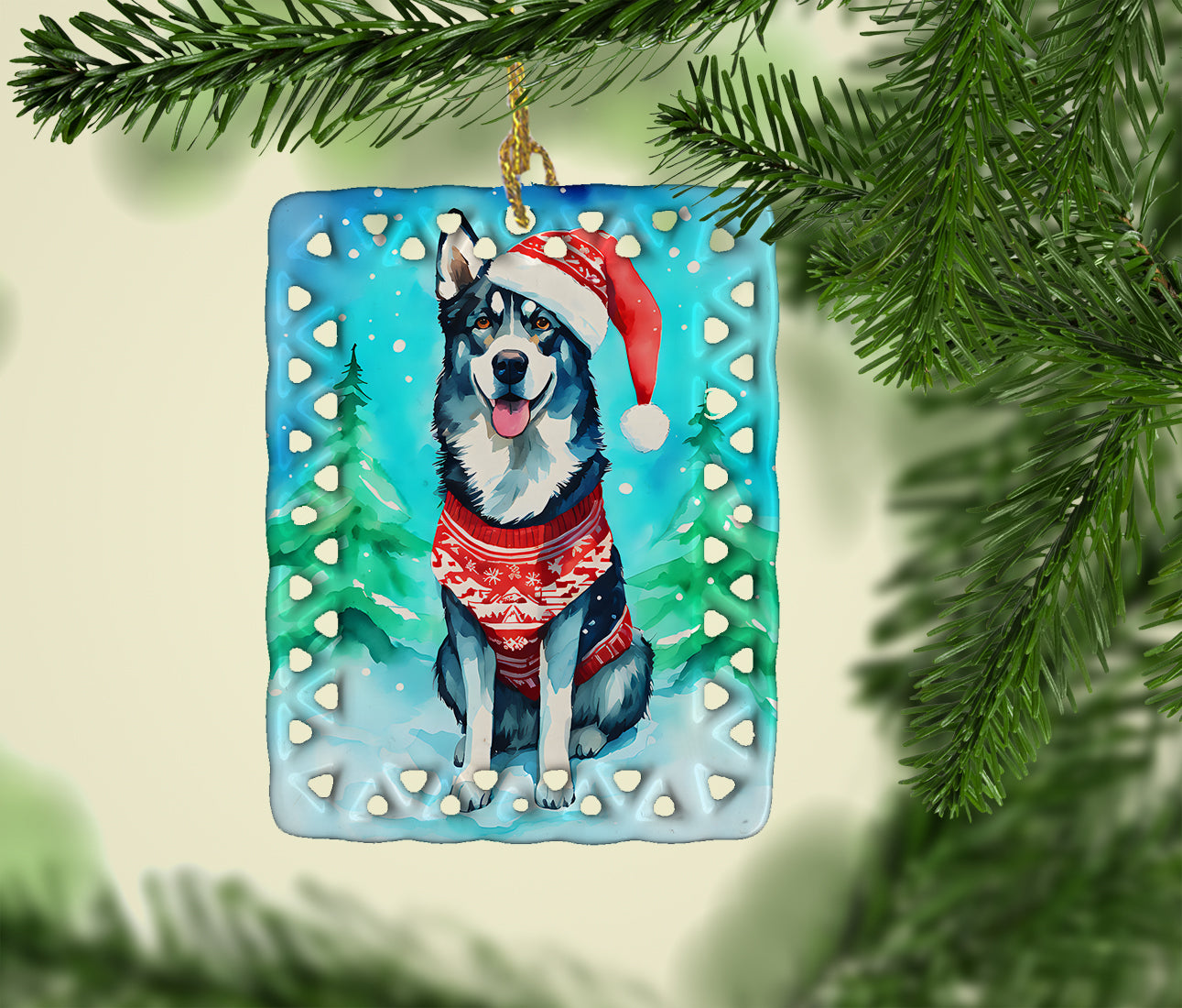 Siberian Husky Christmas Porcelain Ornament