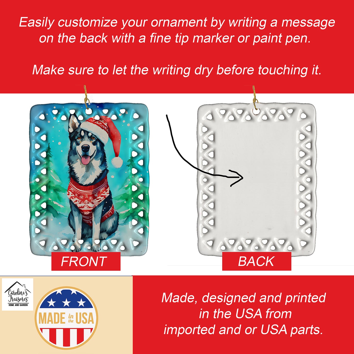 Siberian Husky Christmas Porcelain Ornament