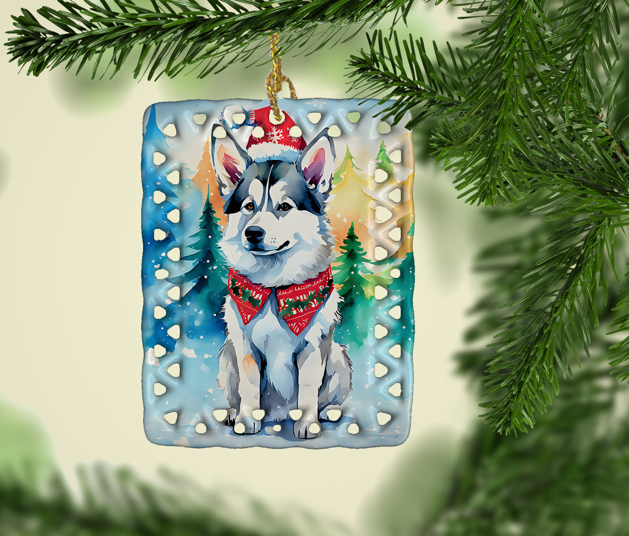 Siberian Husky Christmas Porcelain Ornament