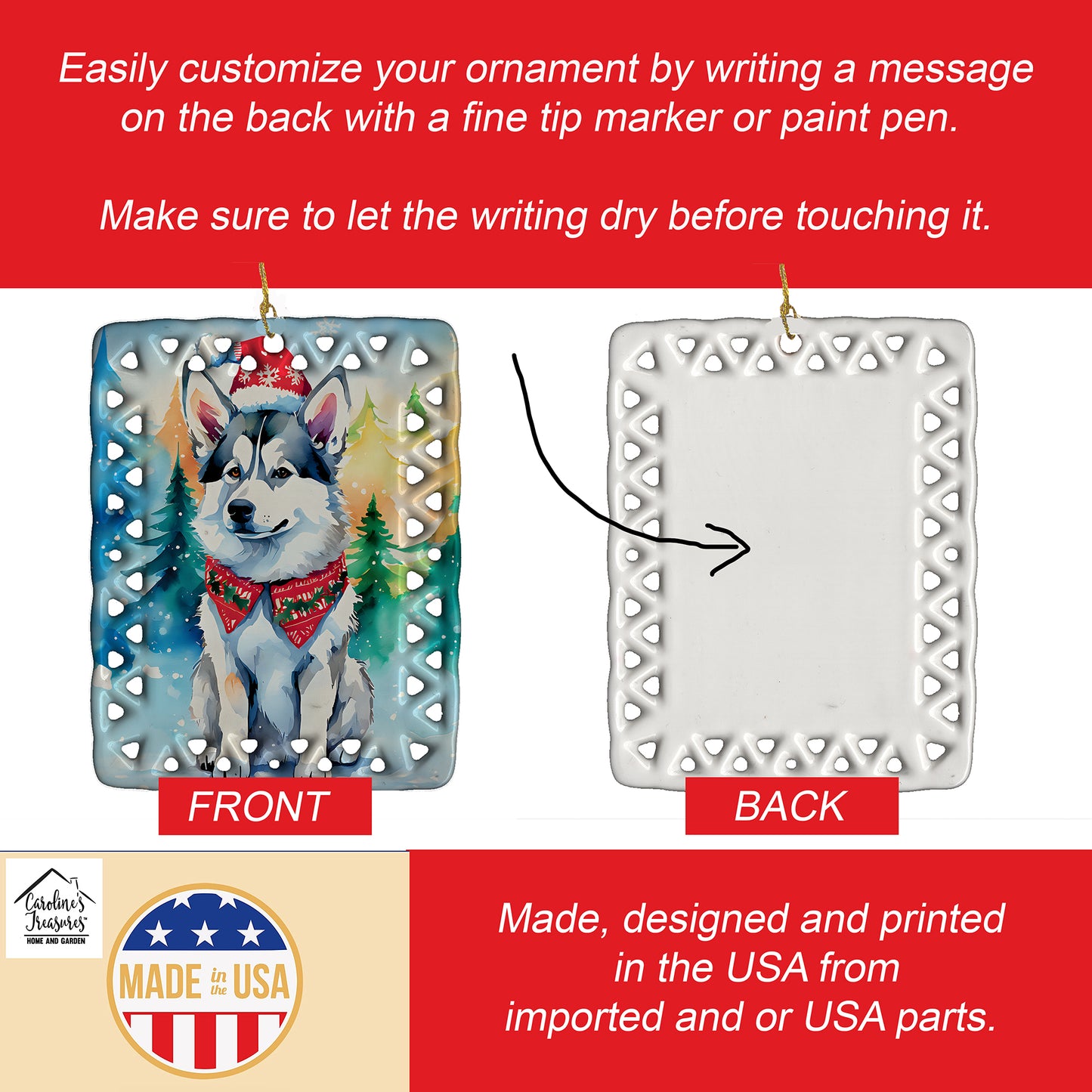 Siberian Husky Christmas Porcelain Ornament