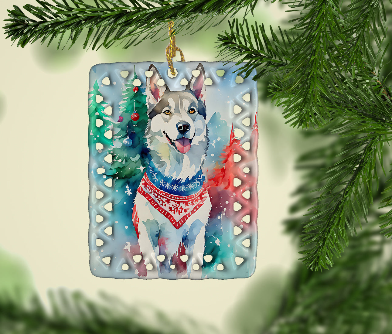 Siberian Husky Christmas Porcelain Ornament
