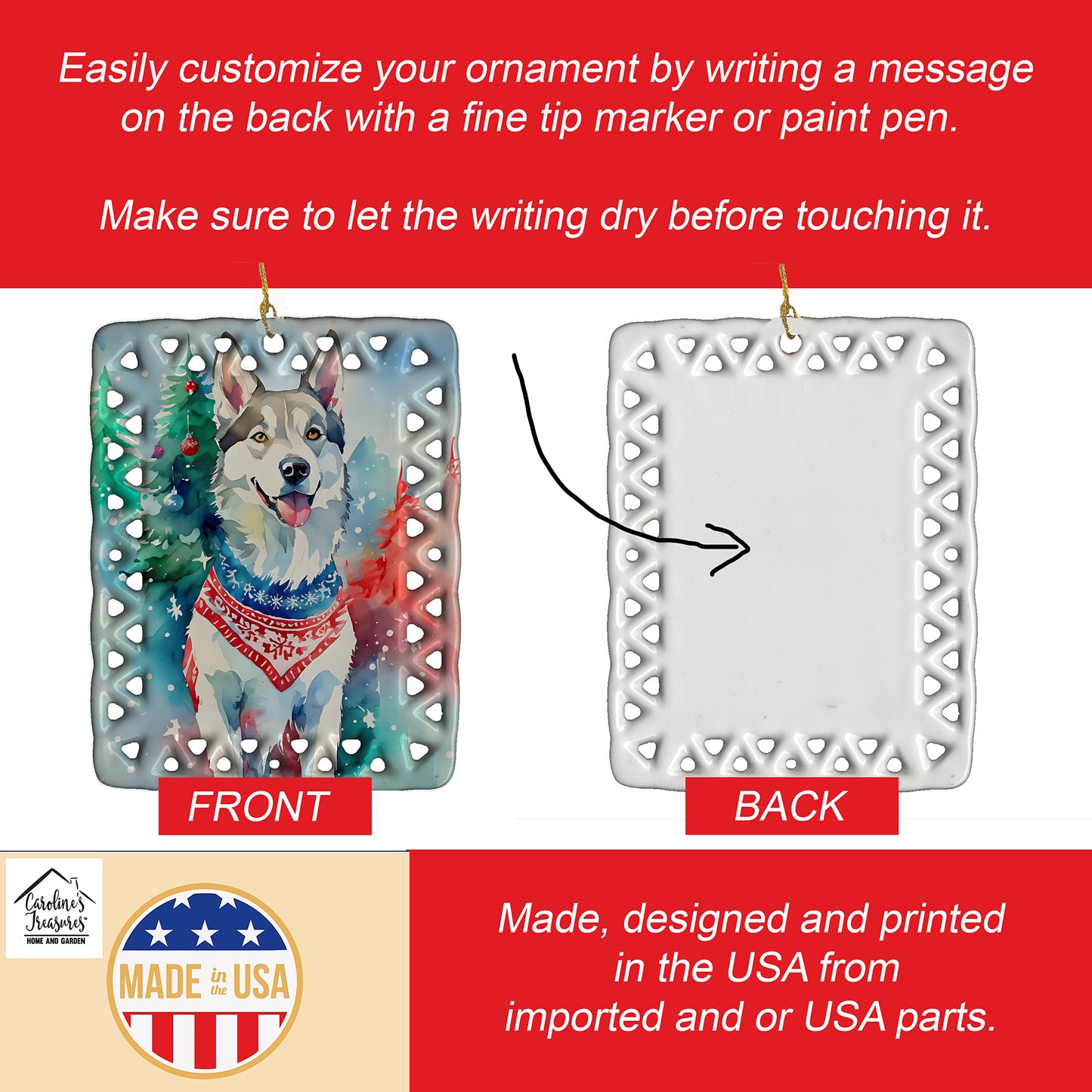 Siberian Husky Christmas Porcelain Ornament