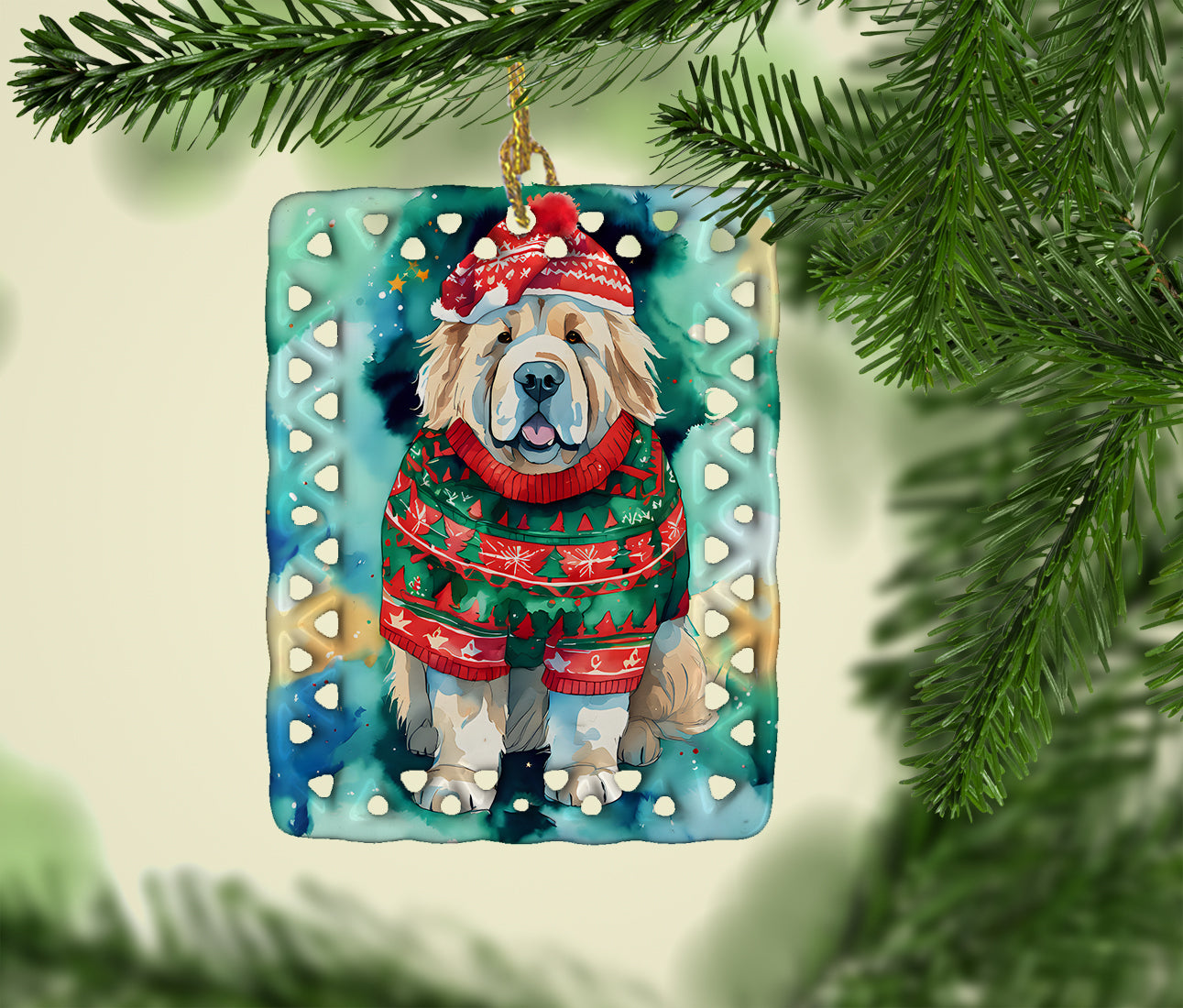 Tibetan Mastiff Christmas Porcelain Ornament