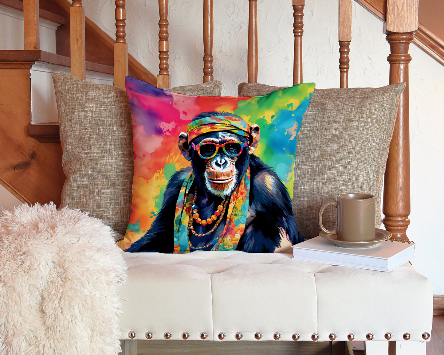 Hippie Animal Chimpanzee Throw Pillow