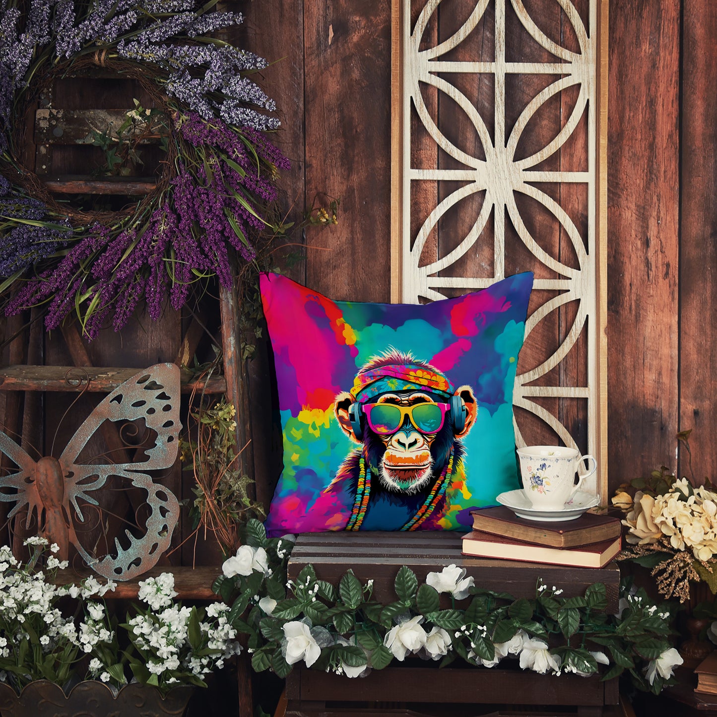 Hippie Animal Chimpanzee Throw Pillow