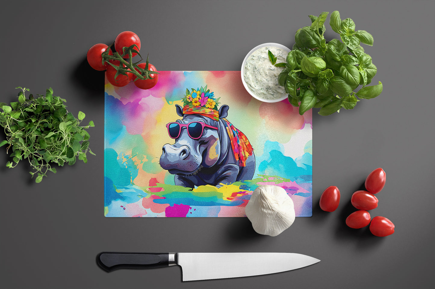 Hippie Animal Hippopotamus Glass Cutting Board