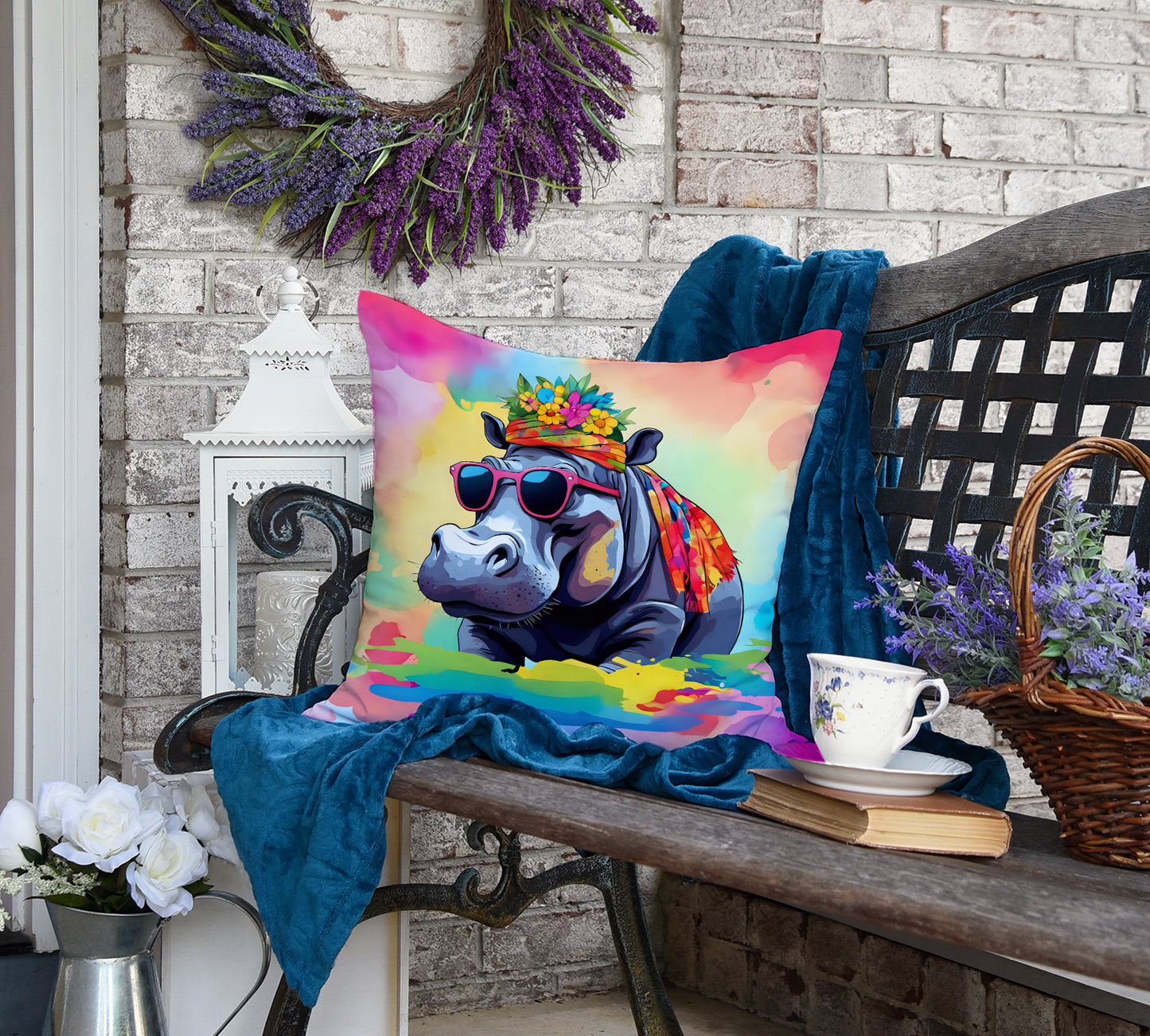 Hippie Animal Hippopotamus Throw Pillow