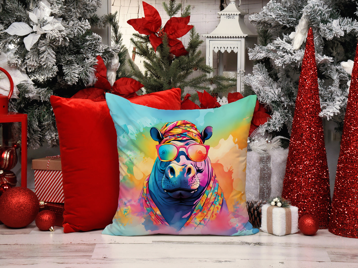 Hippie Animal Hippopotamus Throw Pillow