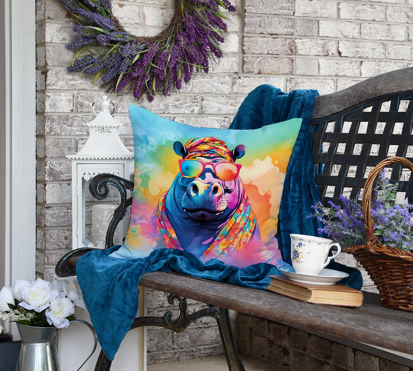 Hippie Animal Hippopotamus Throw Pillow