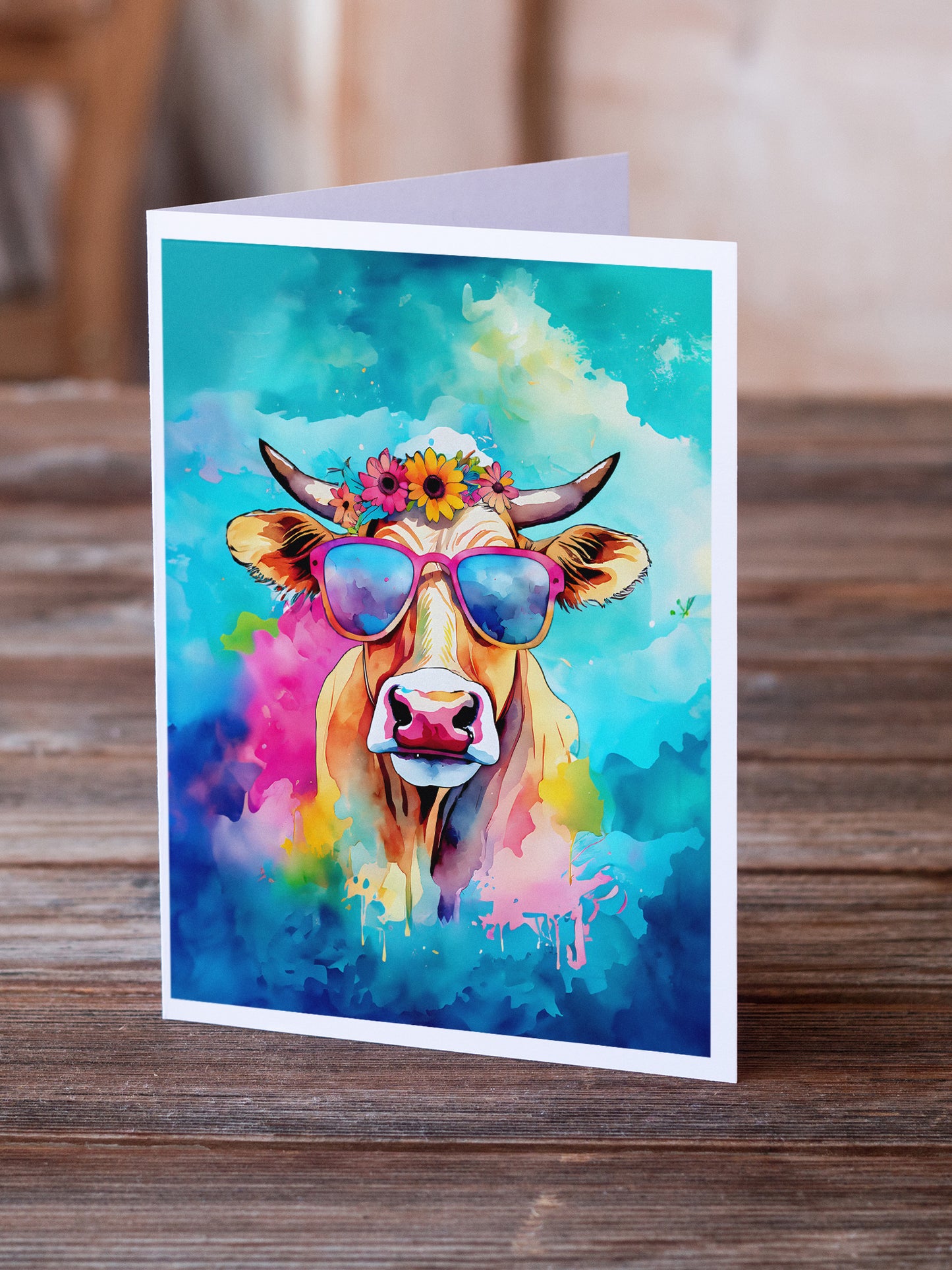 Hippie Animal Malvi Cow Greeting Cards Pack of 8