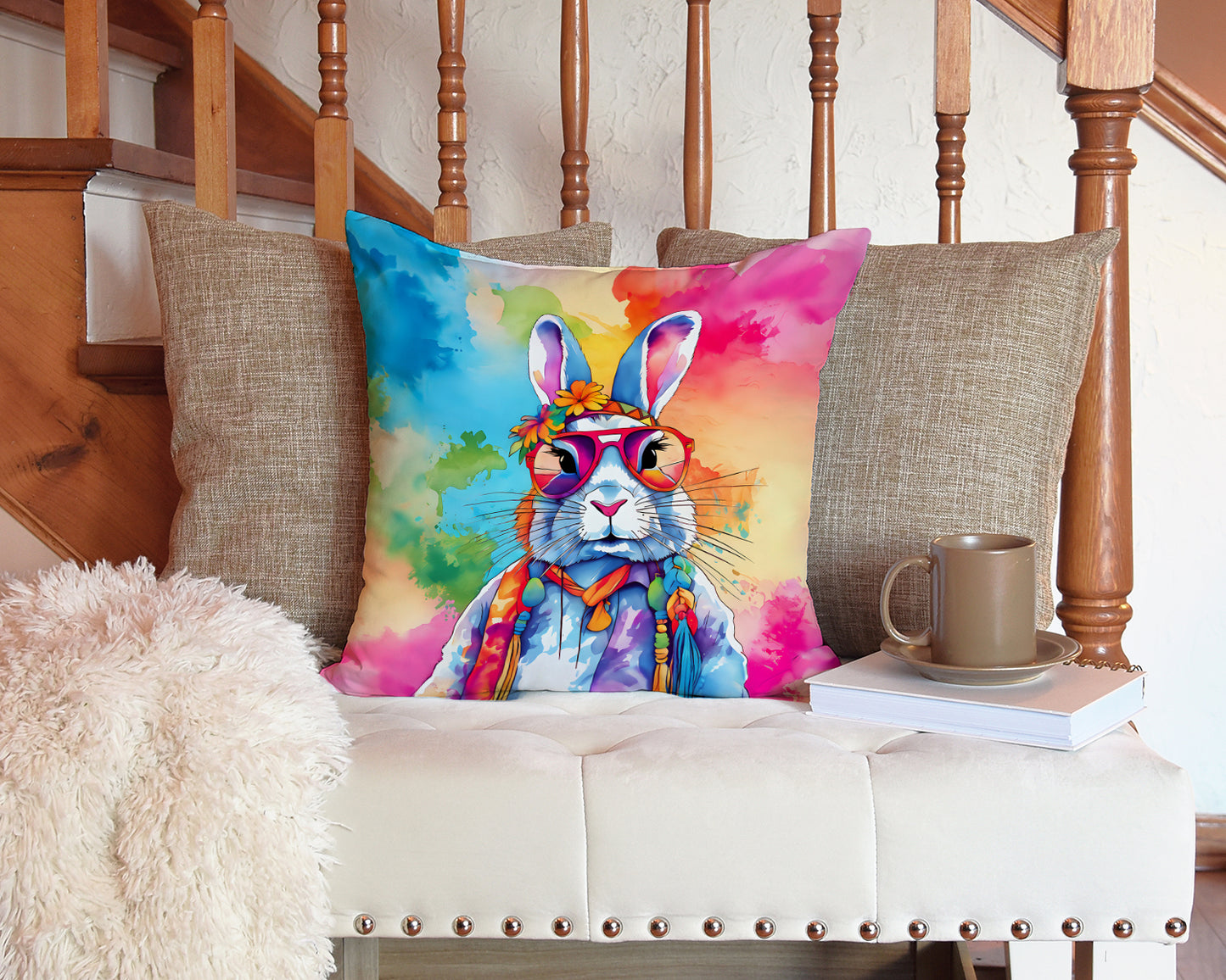 Hippie Animal Rabbit Throw Pillow