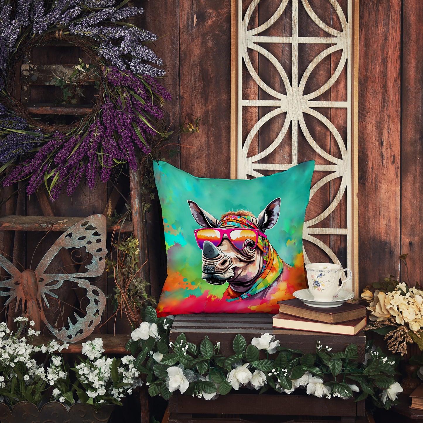 Hippie Animal Rhinoceros Throw Pillow