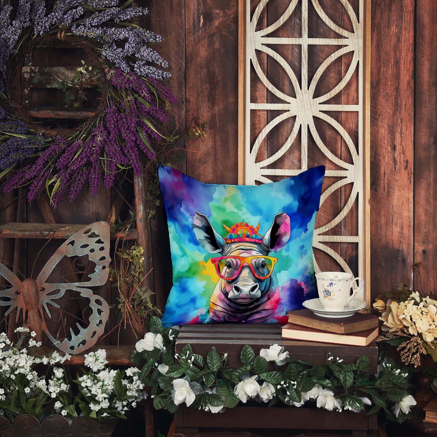 Hippie Animal Rhinoceros Throw Pillow