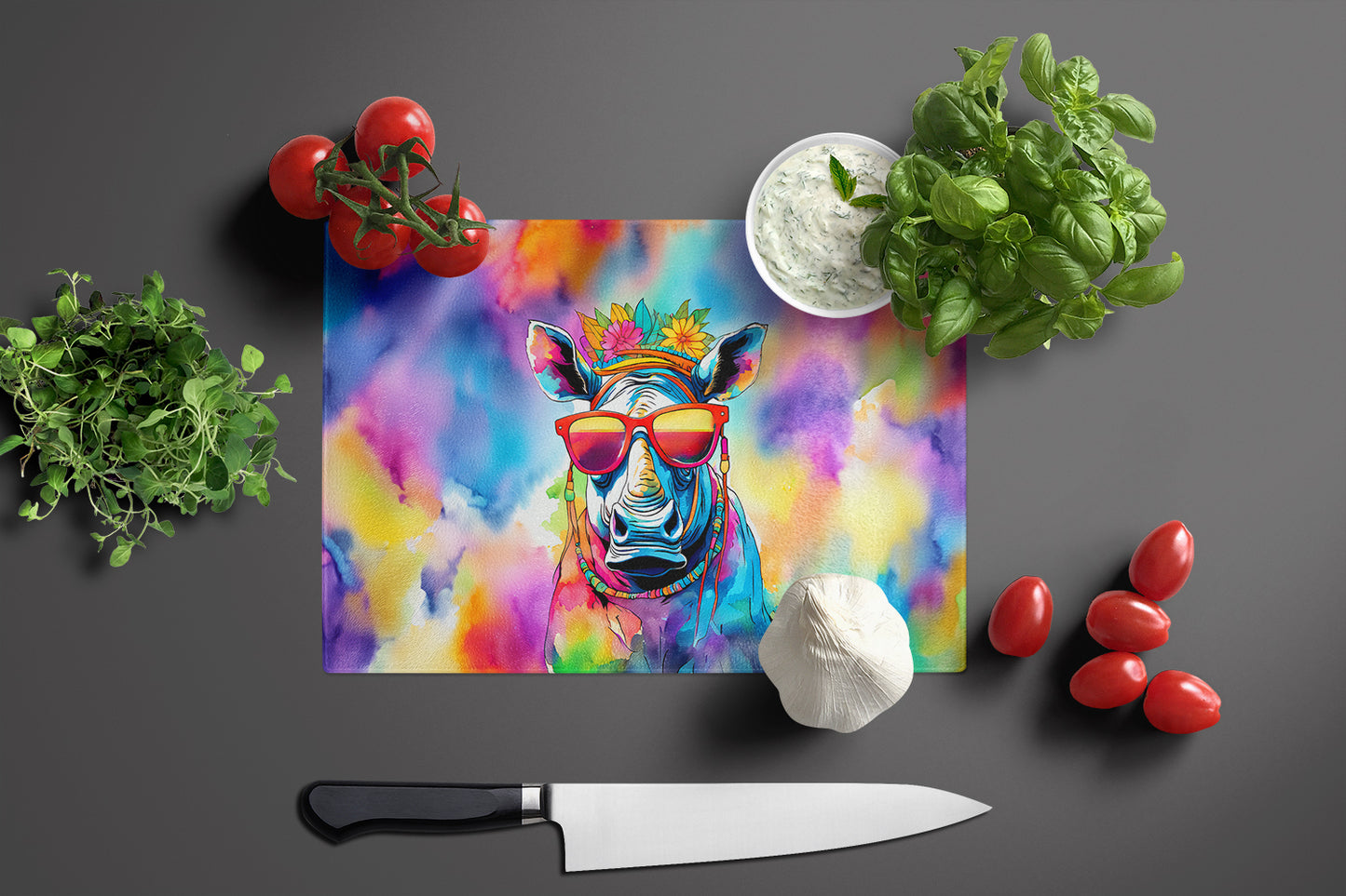 Hippie Animal Rhinoceros Glass Cutting Board