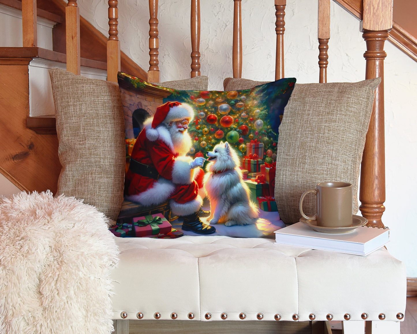 American Eskimo and Santa Claus Throw Pillow