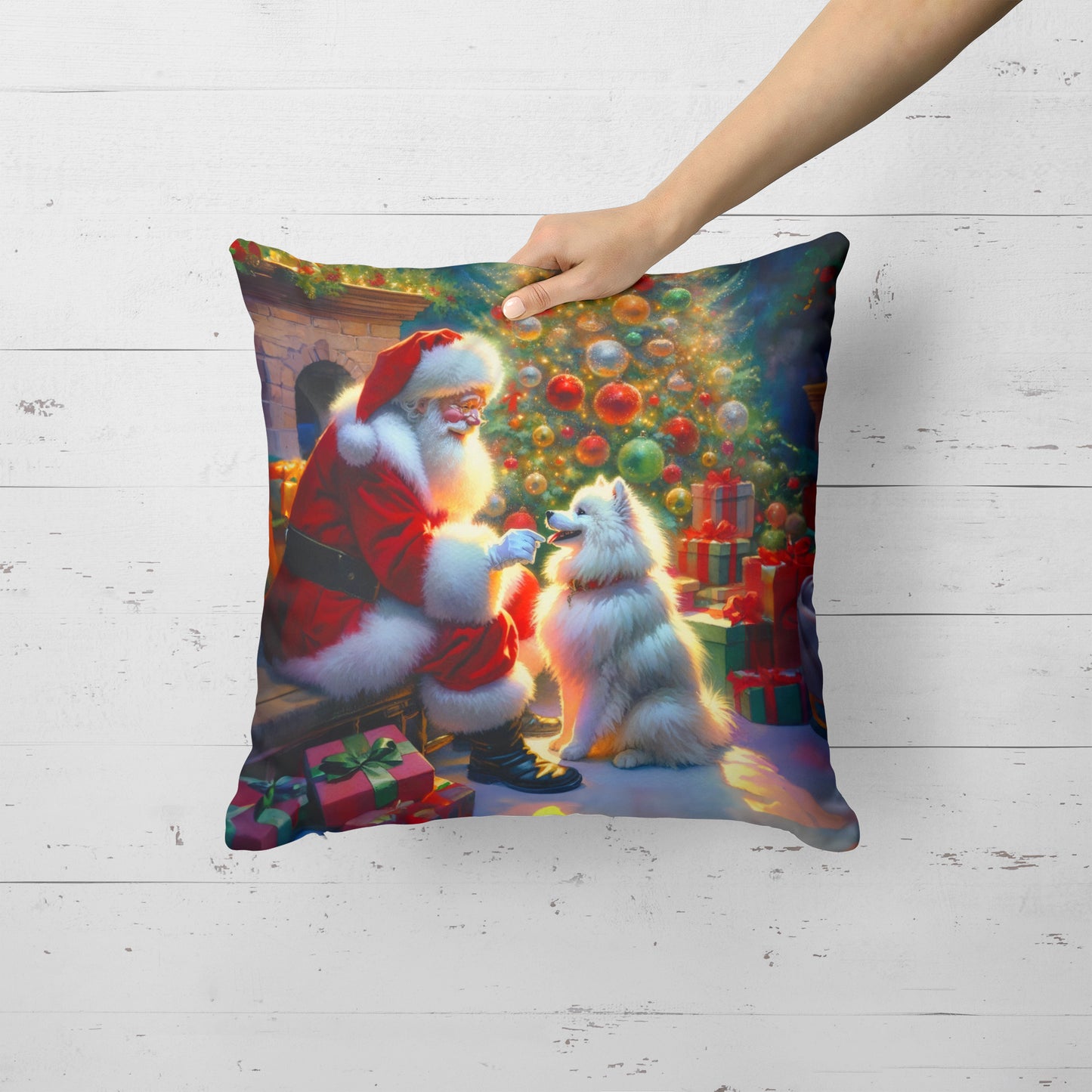 American Eskimo and Santa Claus Throw Pillow