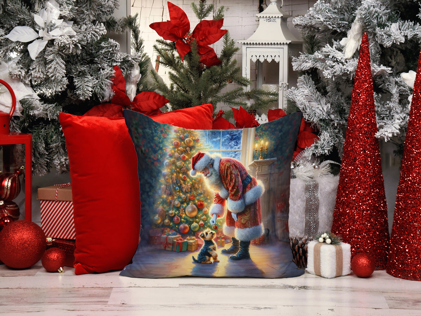 Australian Terrier and Santa Claus Throw Pillow