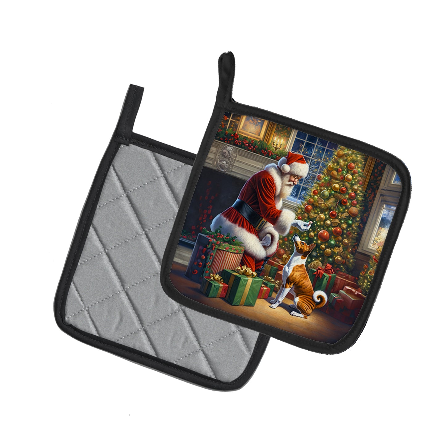 Basenji and Santa Claus Pair of Pot Holders