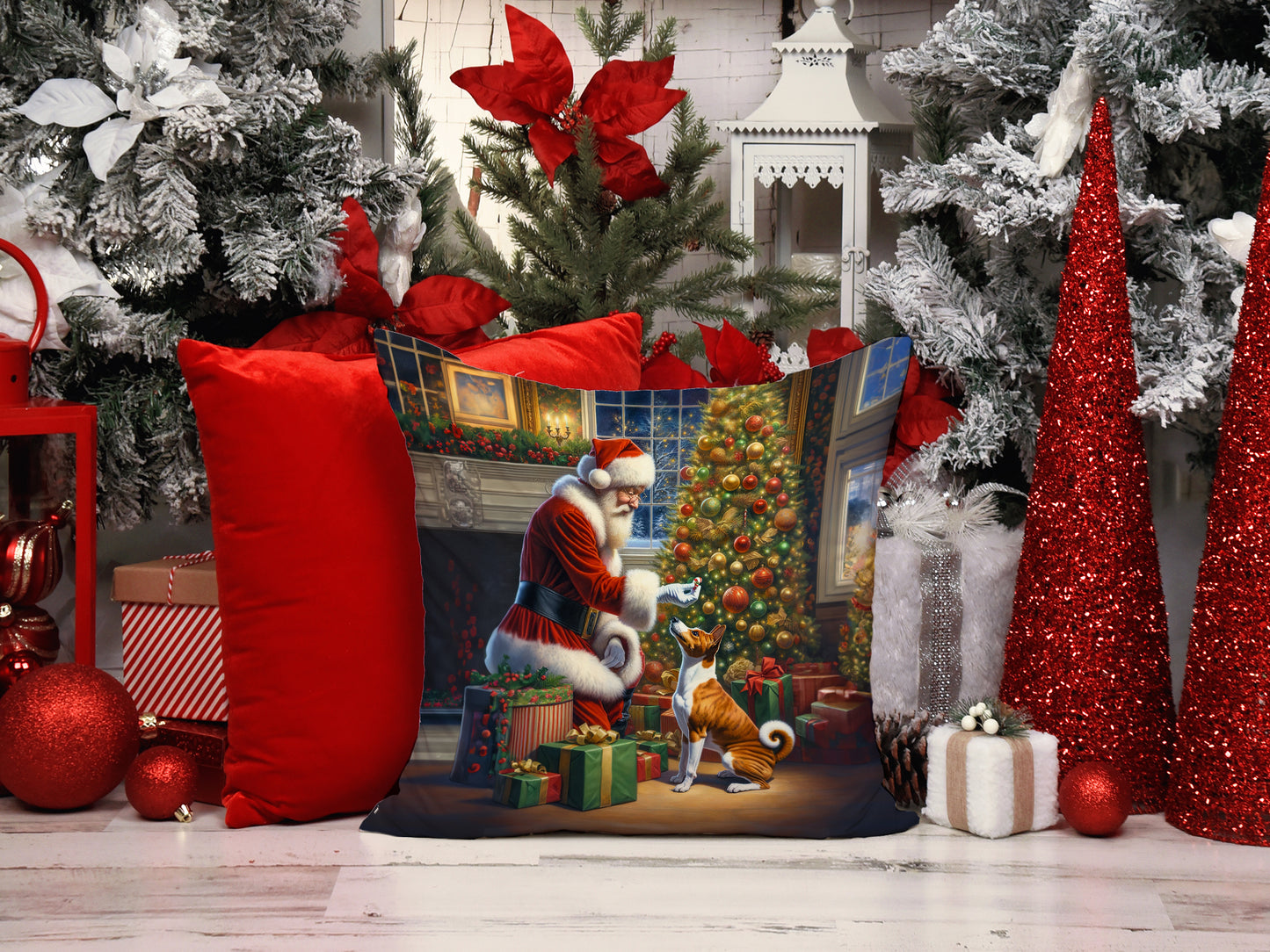 Basenji and Santa Claus Throw Pillow