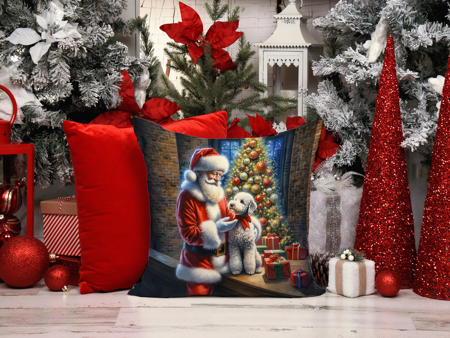 Bedlington Terrier and Santa Claus Throw Pillow