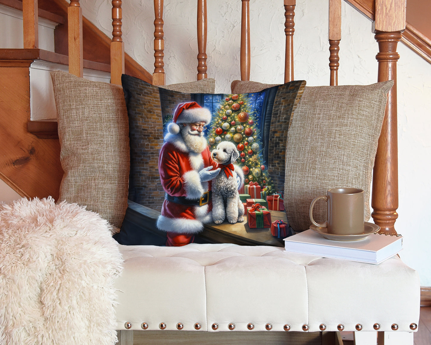 Bedlington Terrier and Santa Claus Throw Pillow