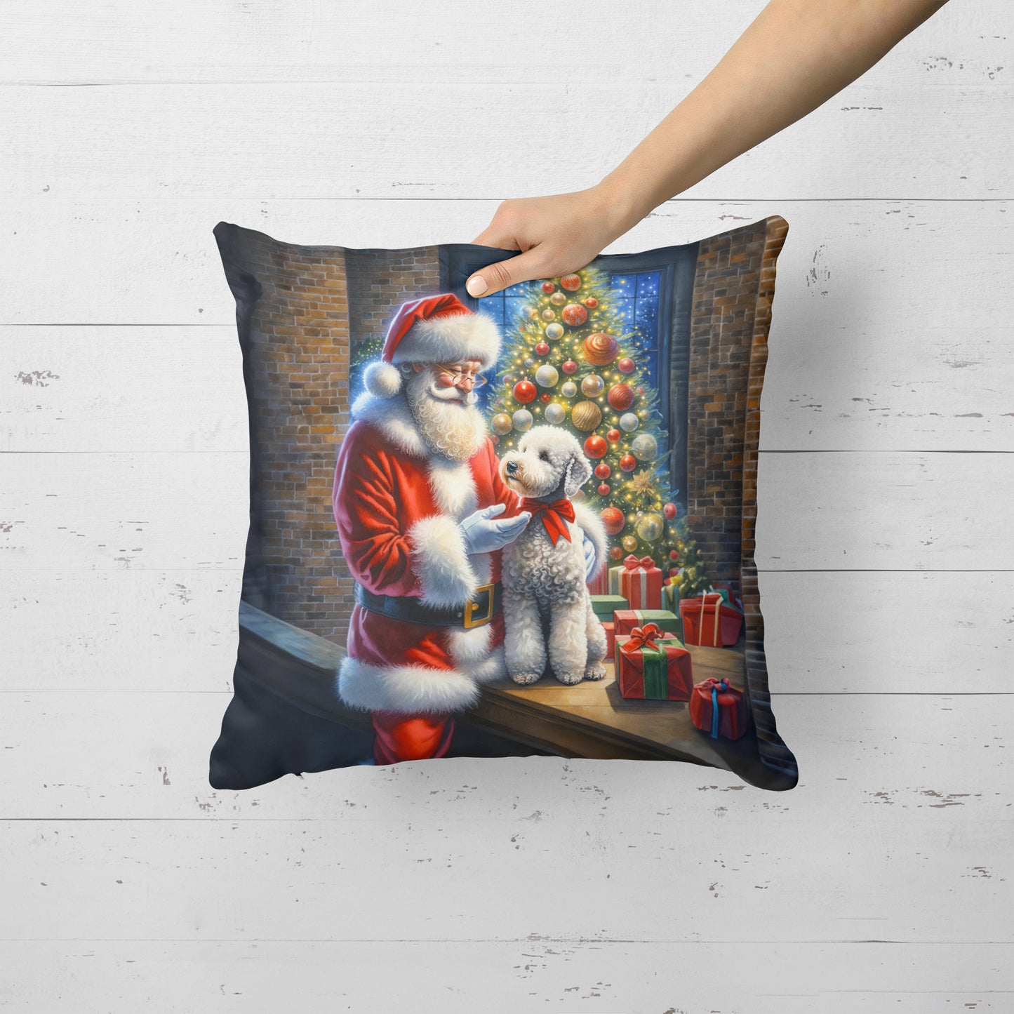 Bedlington Terrier and Santa Claus Throw Pillow