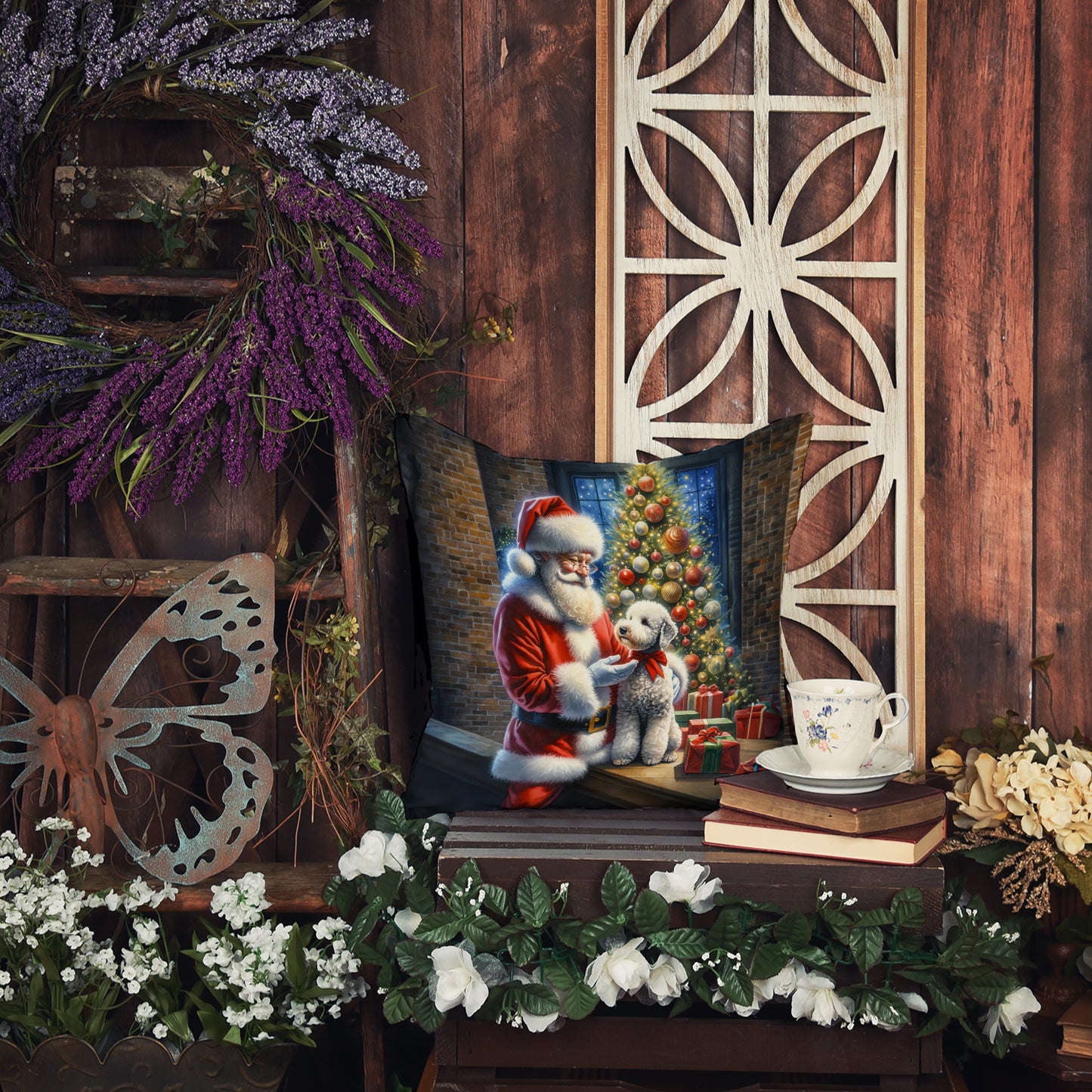 Bedlington Terrier and Santa Claus Throw Pillow