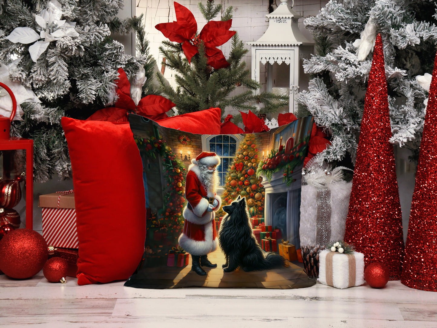 Belgian Sheepdog and Santa Claus Throw Pillow