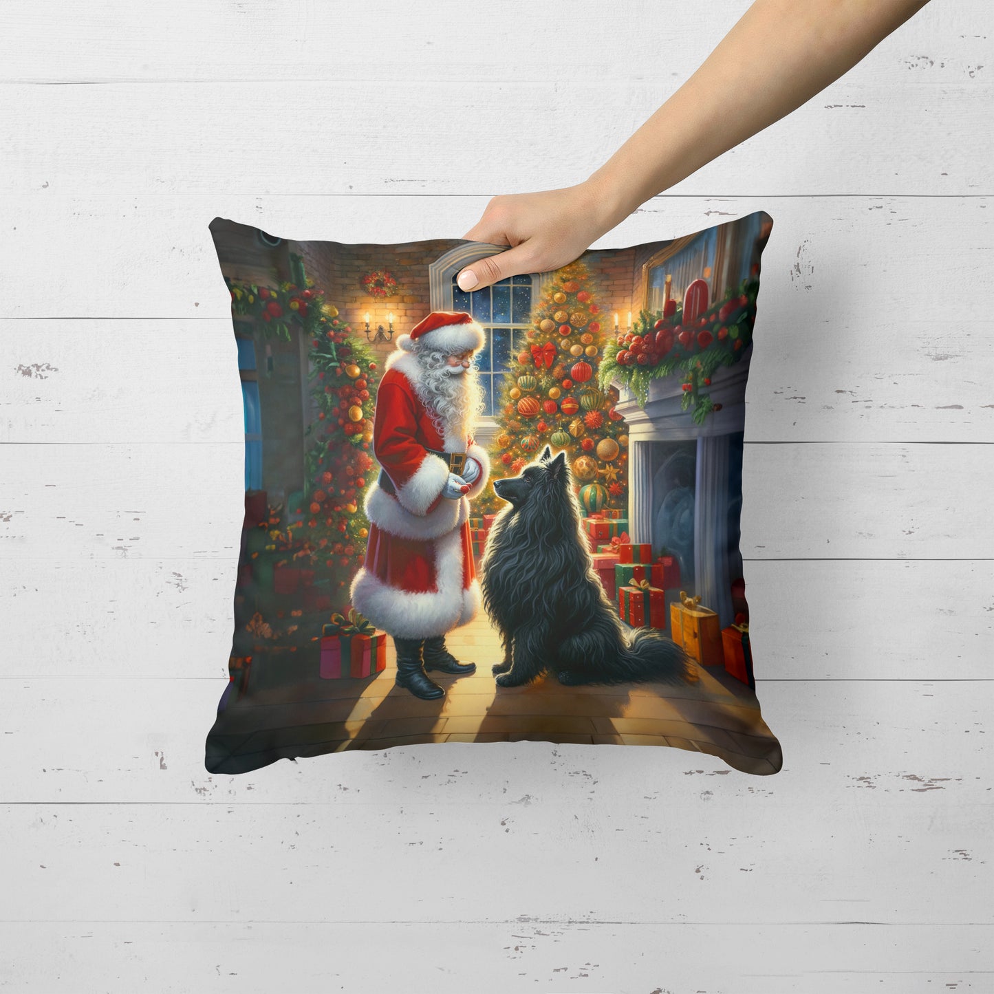 Belgian Sheepdog and Santa Claus Throw Pillow