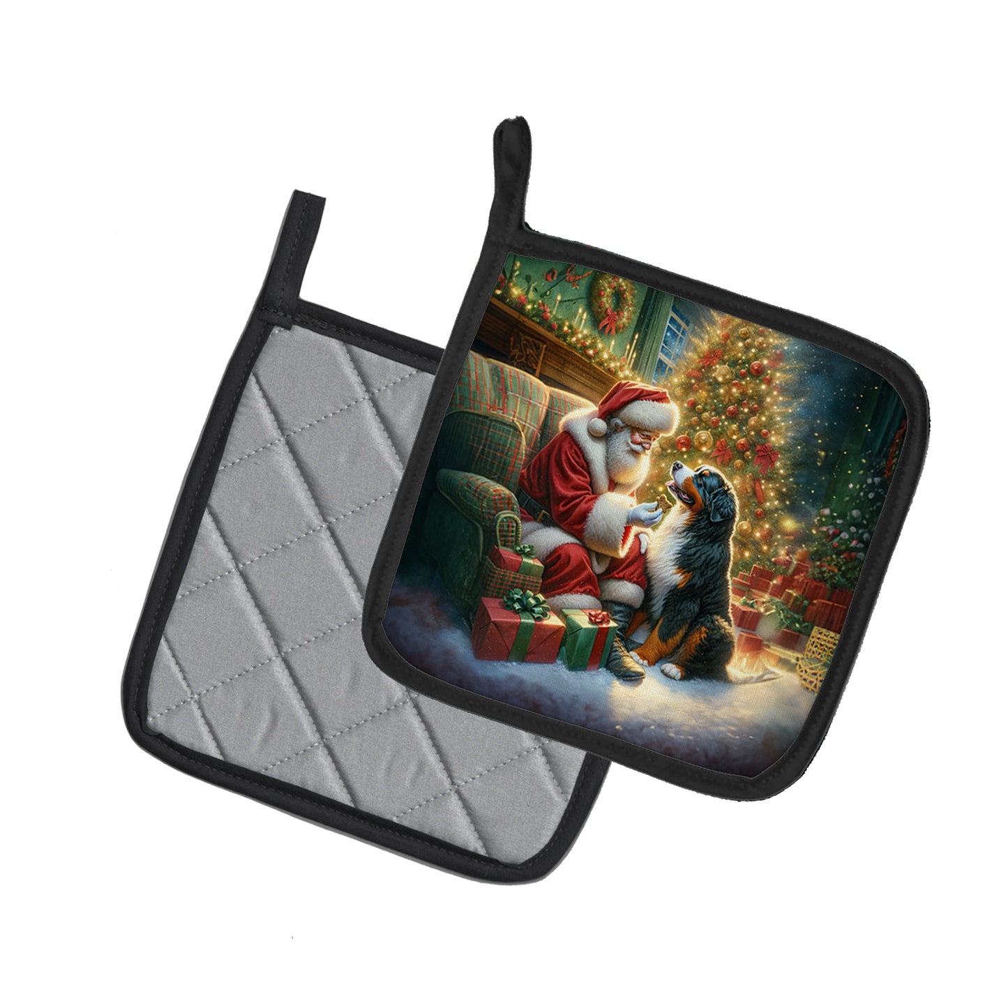 Bernese Mountain Dog and Santa Claus Pair of Pot Holders