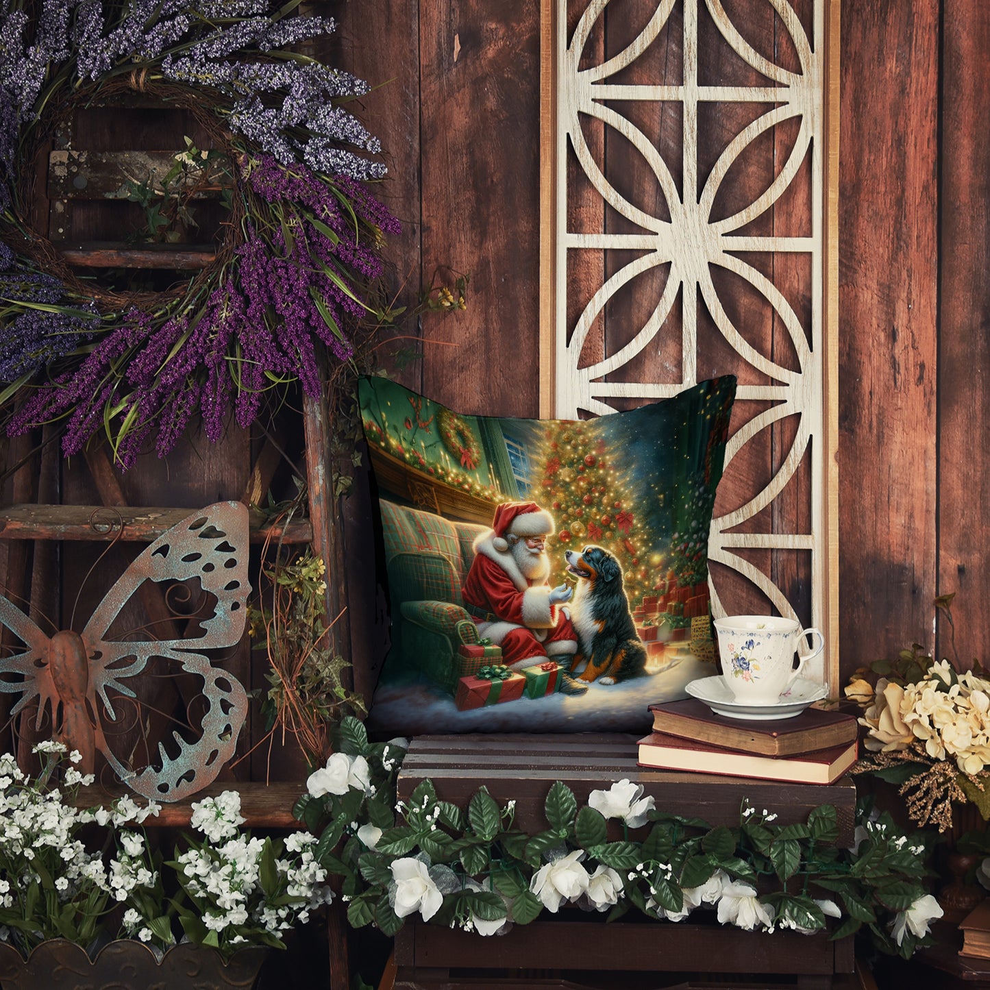 Bernese Mountain Dog and Santa Claus Throw Pillow