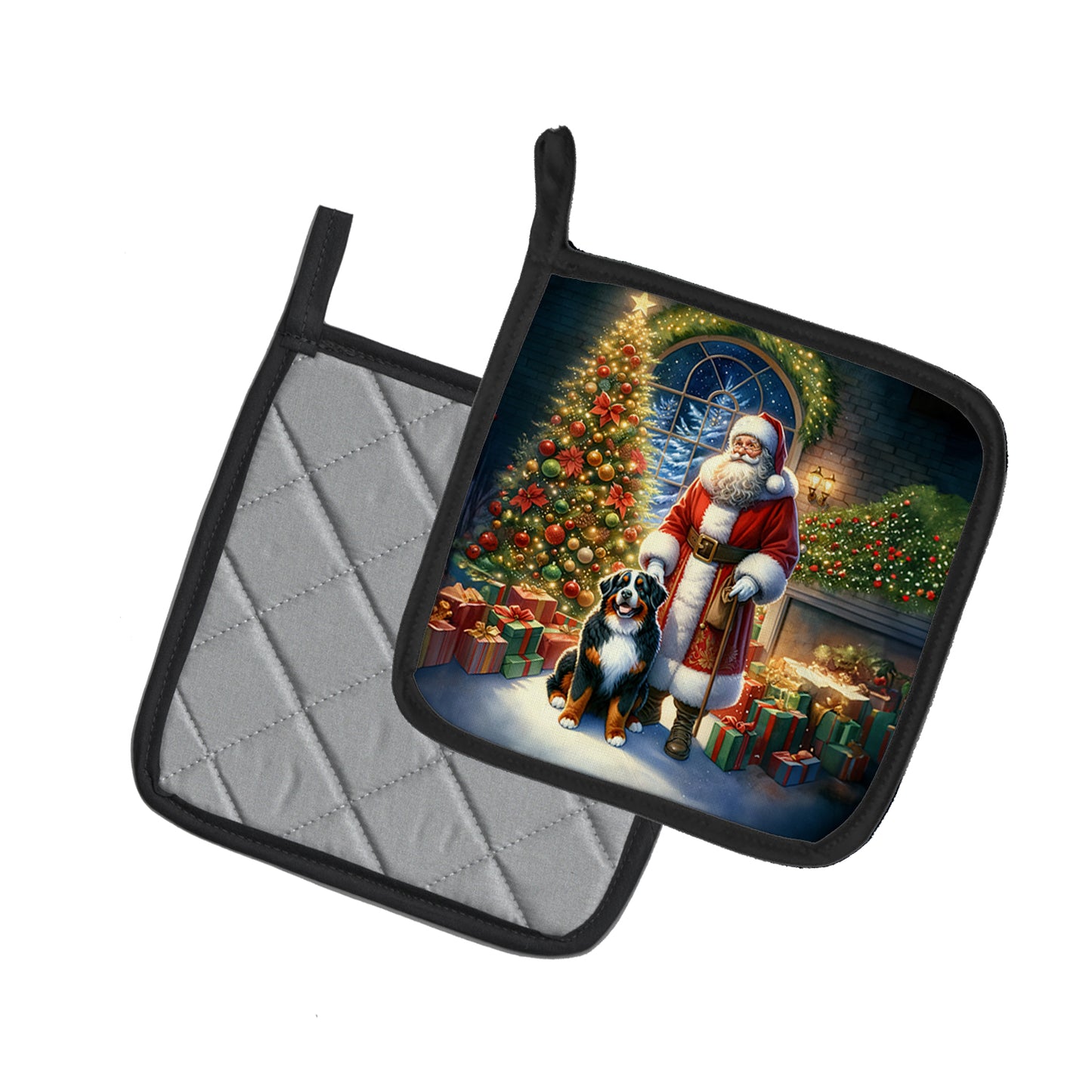 Bernese Mountain Dog and Santa Claus Pair of Pot Holders