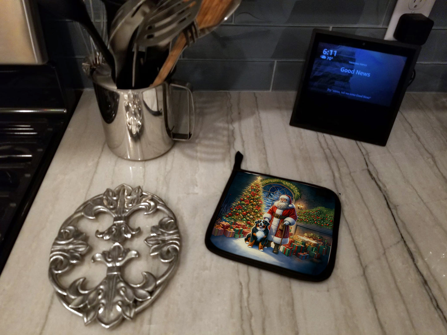 Bernese Mountain Dog and Santa Claus Pair of Pot Holders