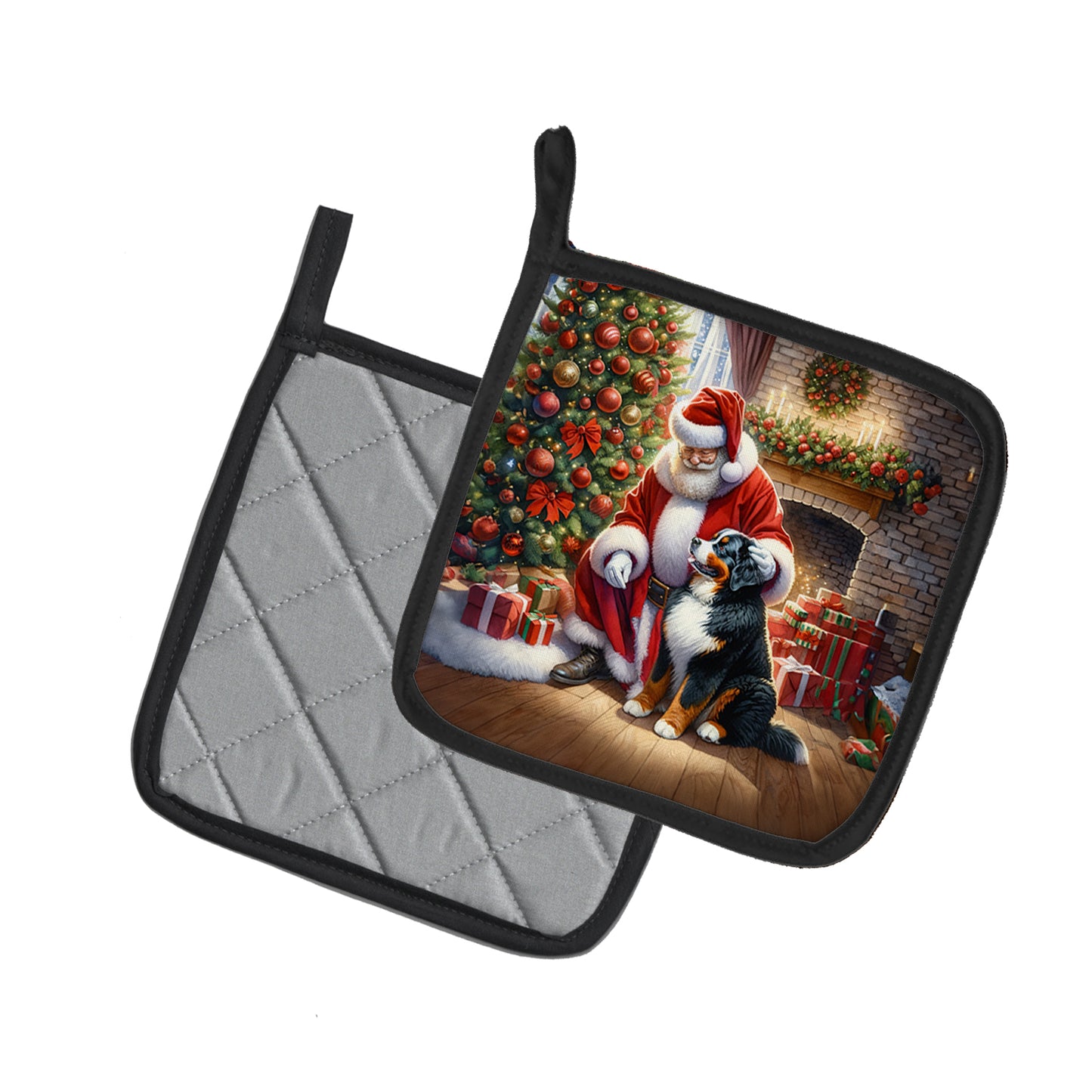 Bernese Mountain Dog and Santa Claus Pair of Pot Holders