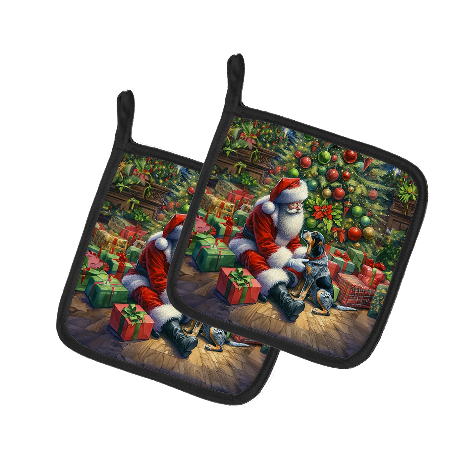 Buy this Bluetick Hound and Santa Claus Pair of Pot Holders