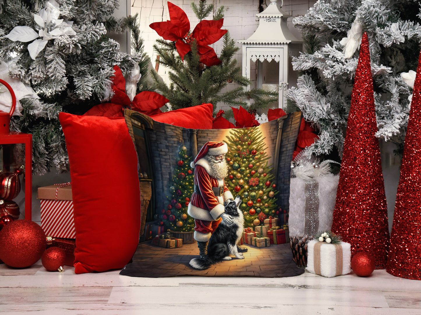 Border Collie and Santa Claus Throw Pillow